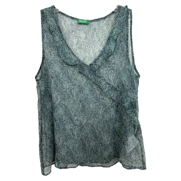 Vintage Y2K Silk Sheer Ruffle Top Size Medium Green Animal Print Made In Italy - Picture 7 of 7